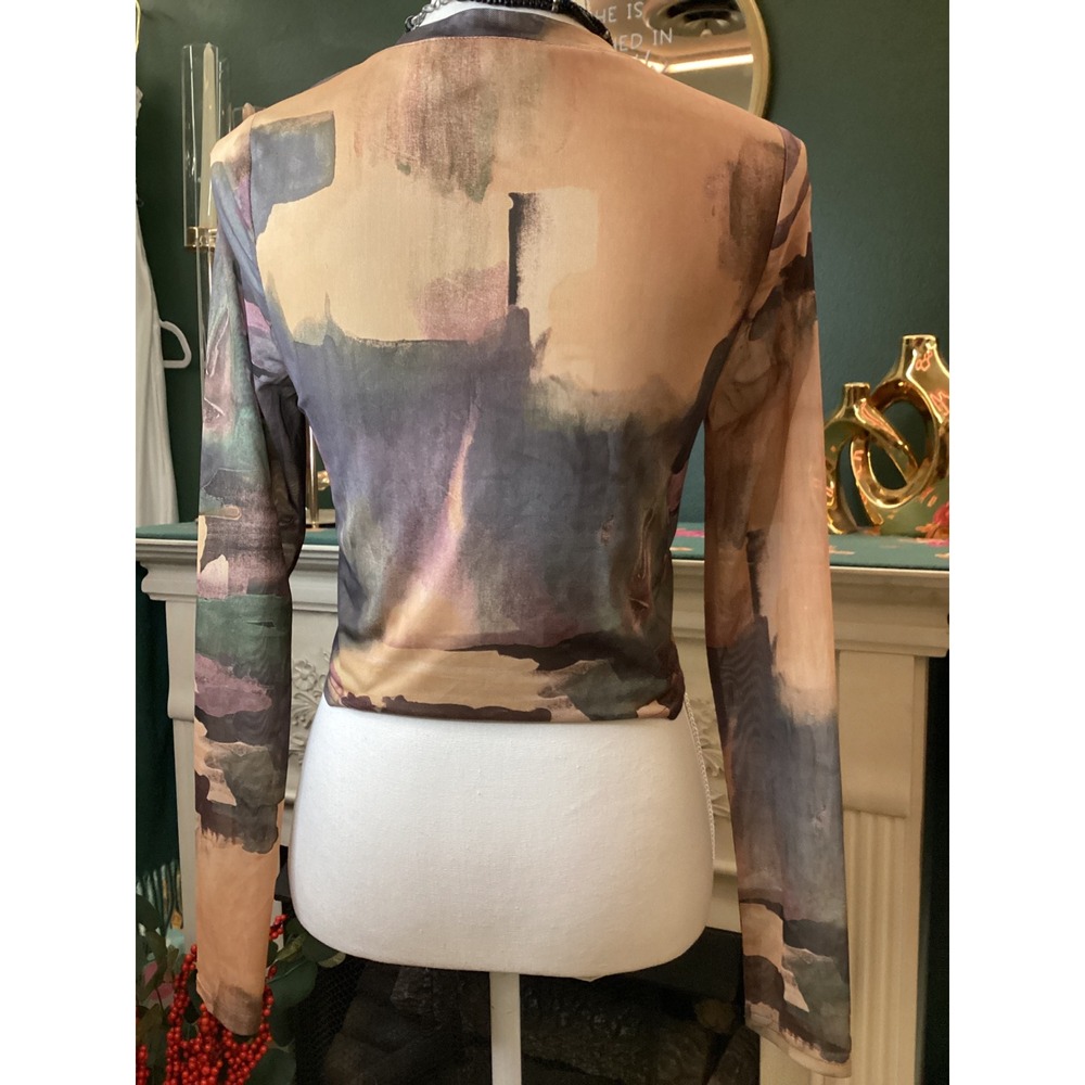 Willow + Root Mesh Top Medium Abstract Watercolor Long Sleeve Crop NWT - Picture 3 of 5